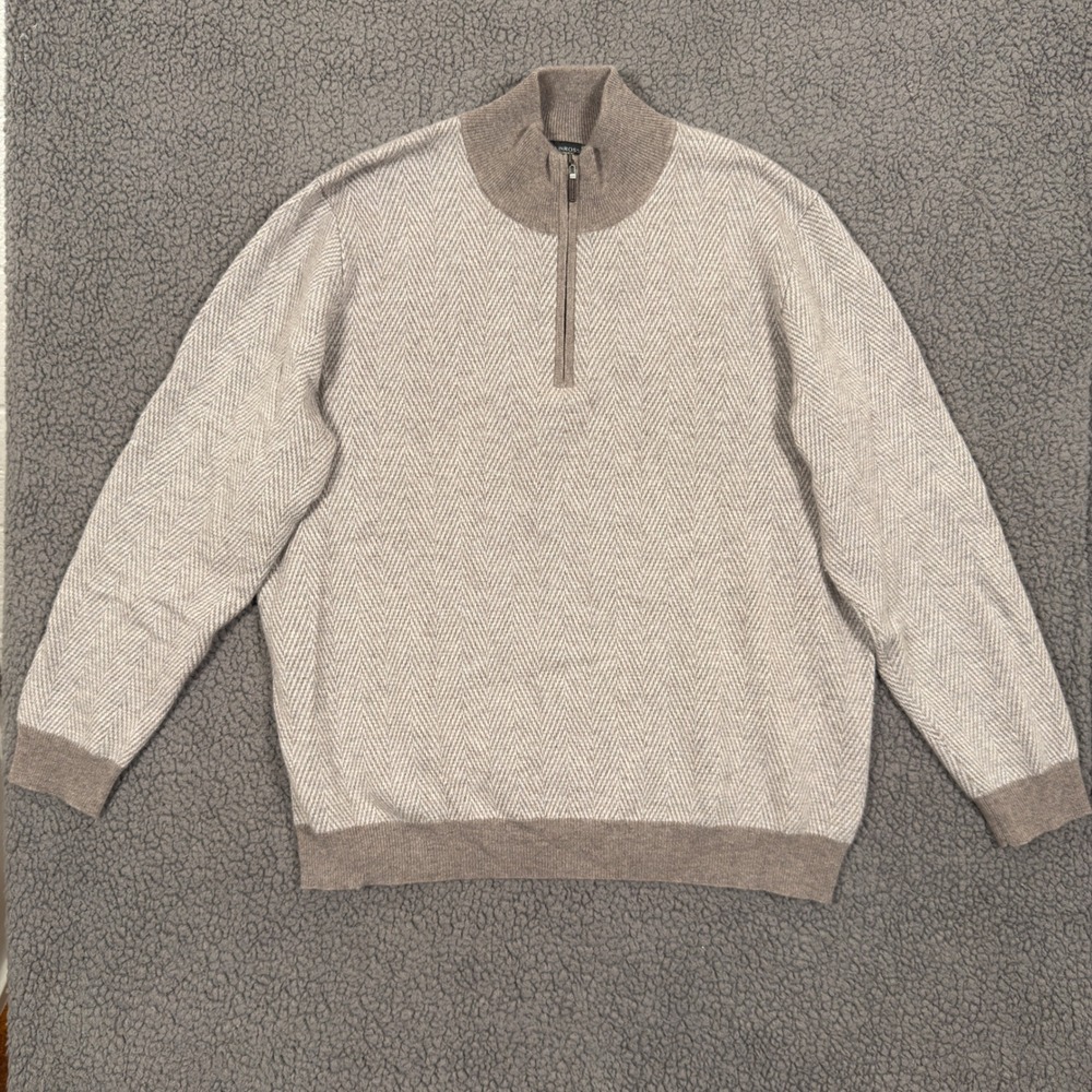 Kinross Cashmere Mens XXL 1/4 Zip Sweater Herringbone 100% Cashmere Mock Neck